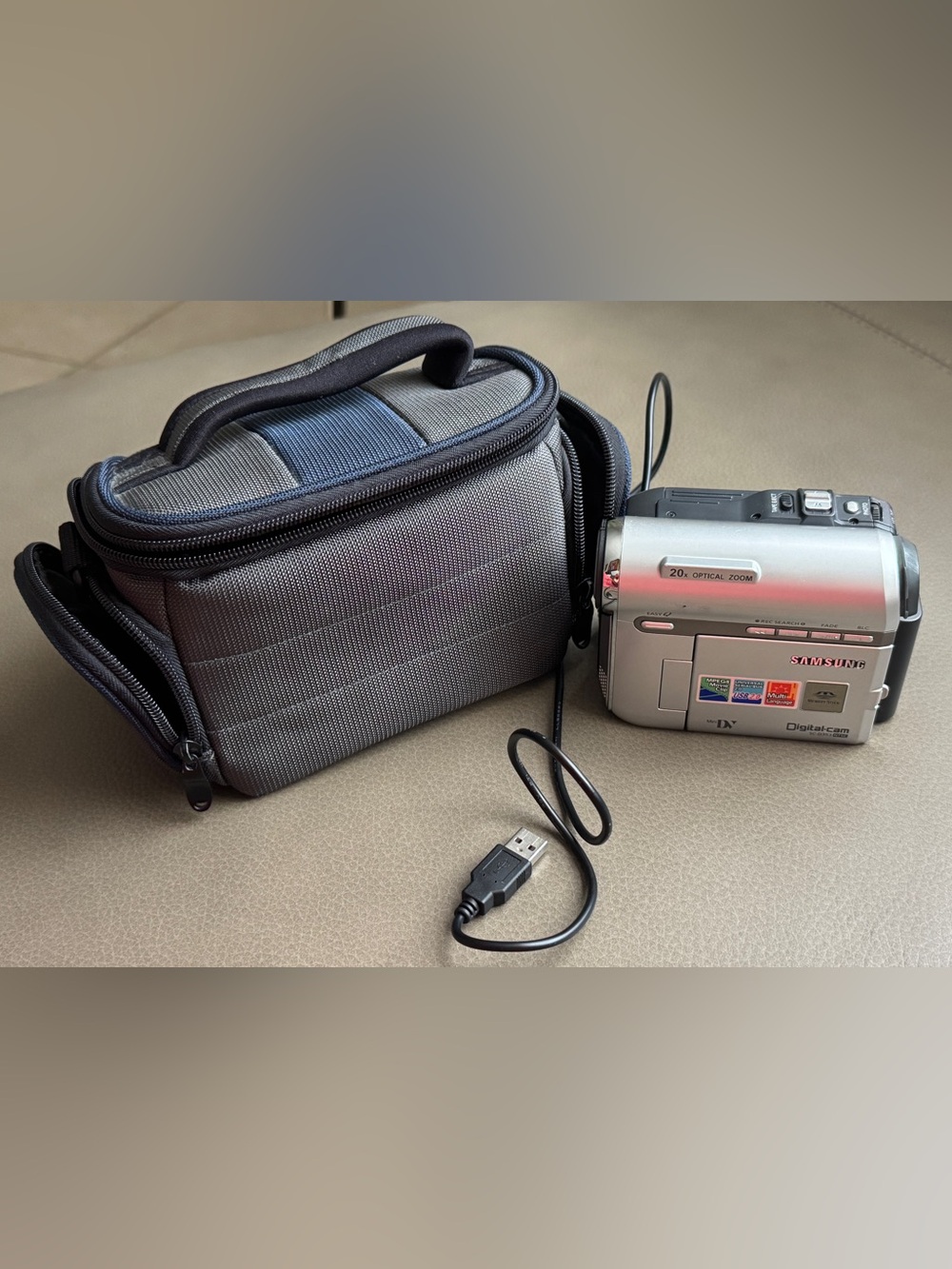 Samsung Silver Digital Camcorder with Gray and Blue Carry Case
